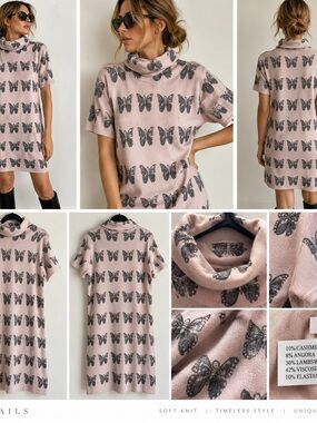Sempre Pink Butterfly Turtleneck Knit Dress / Cashmere Wool Blend Mini Dress